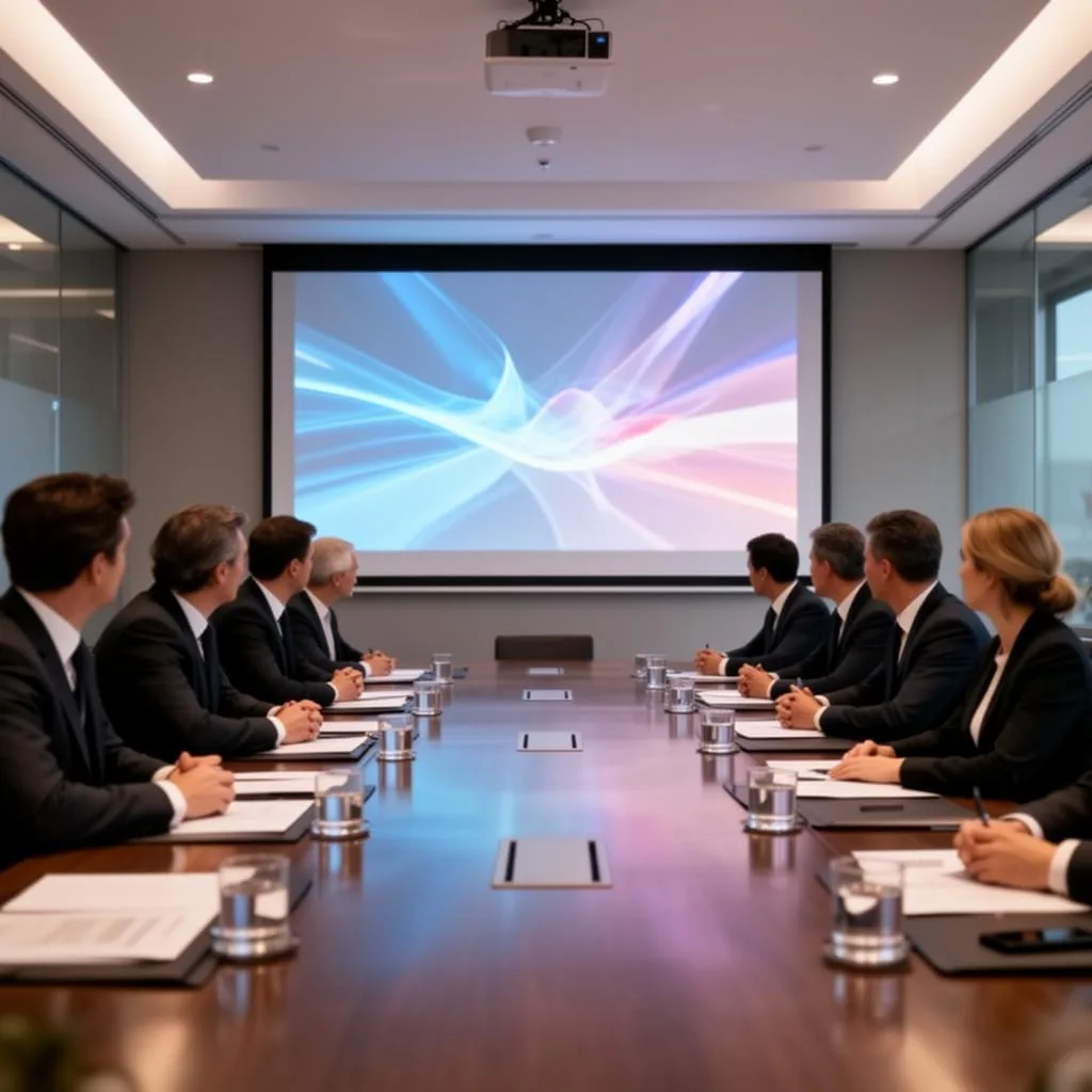 Sala de reunião corporativa com projeção laser